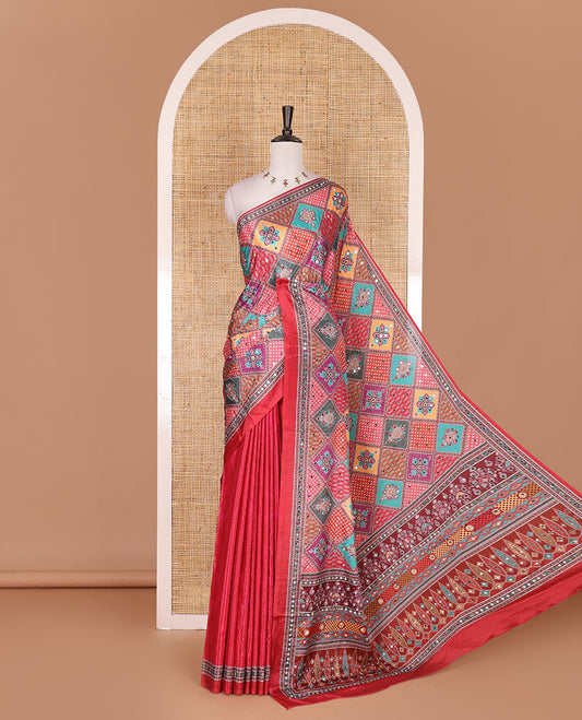 Maroon kaleidoscopic colored checks printed with mirrorwork masakali saree, printed border, print with mirror work pallu, and a matching blouse