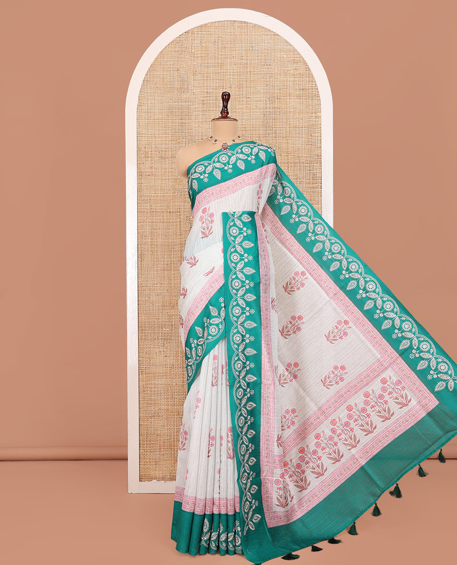 Maragatha Green Green-Silk Saree, Mesmerized with Floral Motifs, Block Print on Its Body, Complemented by a Contrast Thread Embroidered Border, Pallu of Floral Block Print, and Paired with a Contrast Blouse