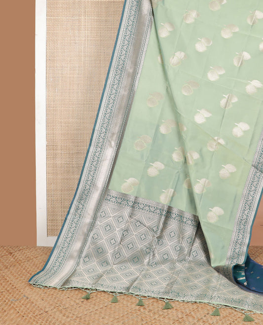 Mint green leaf design butter silk saree with contrast traditional zari design border & argyle design pallu