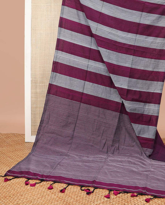 Borderless Grey with purple striped khadi cotton saree