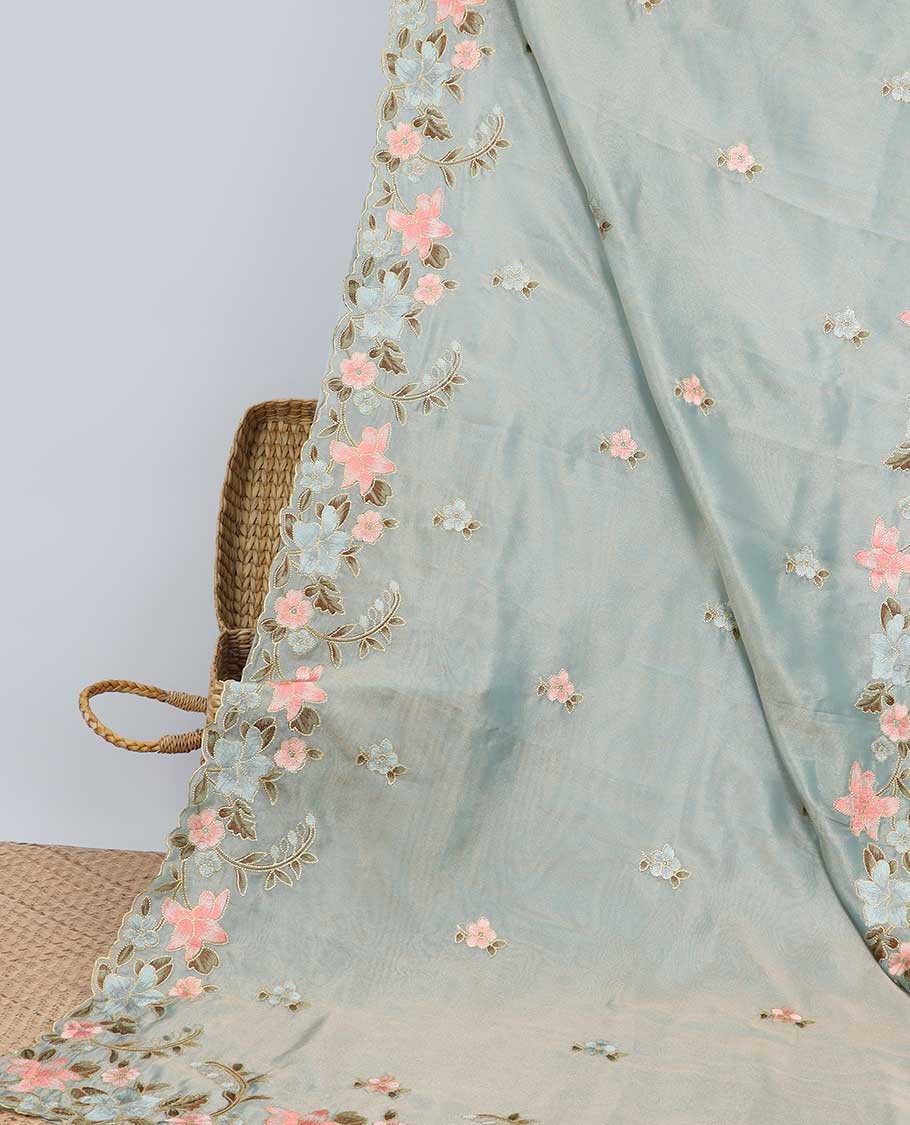 Green floral embroidery semi-banaras tissue saree with scallop floral embroidery border