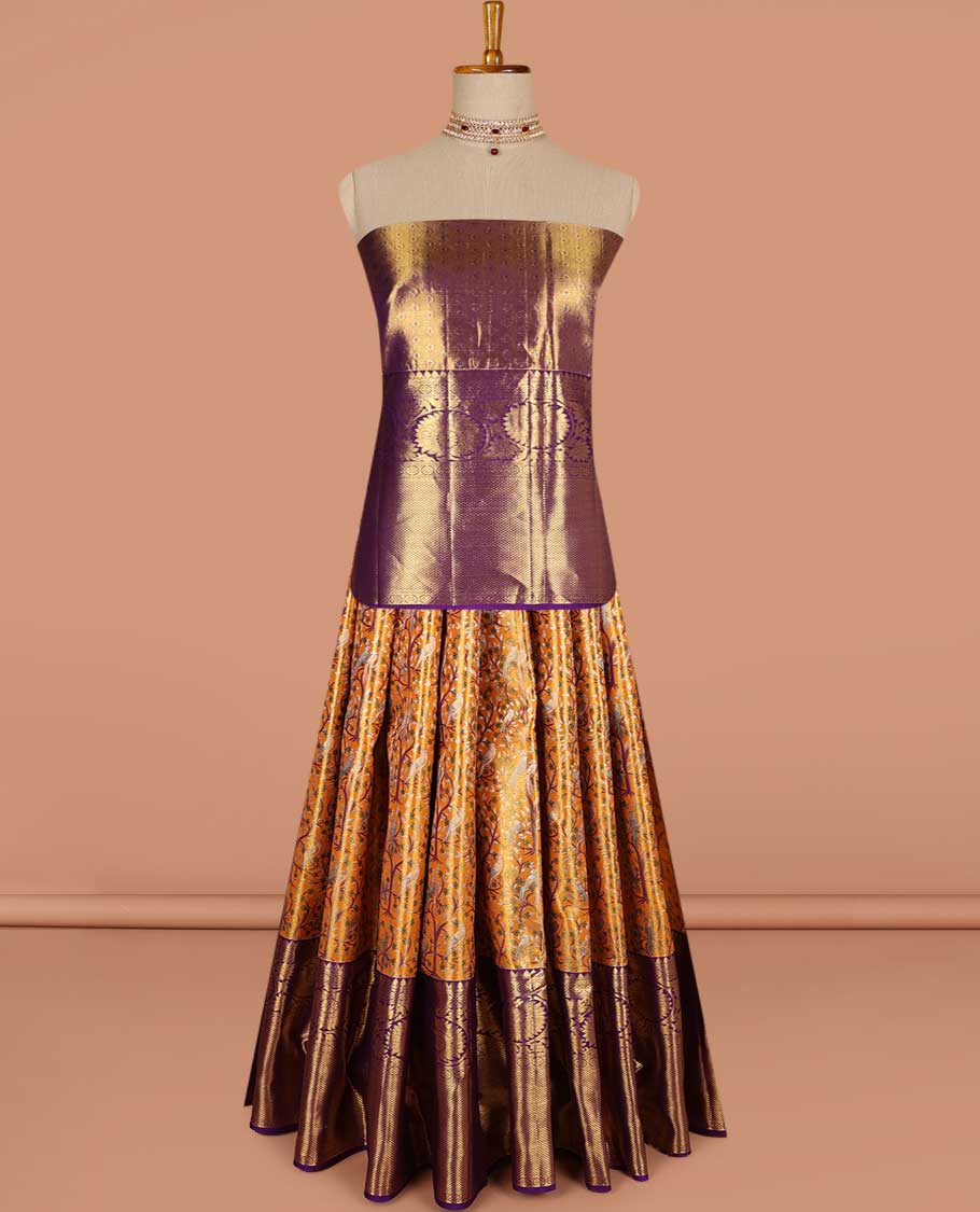 Brown floal jacquard pure silk half saree with contrast floral border , zari design blouse & intricate zari design dhavani