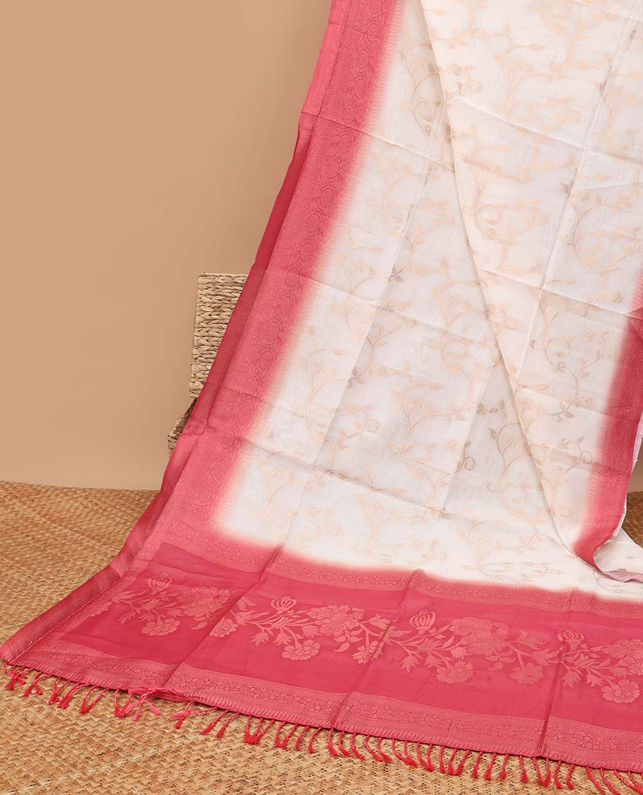 Borderless off white zari weaving khadhi cotton saree with contrast dark pink weaving pallu