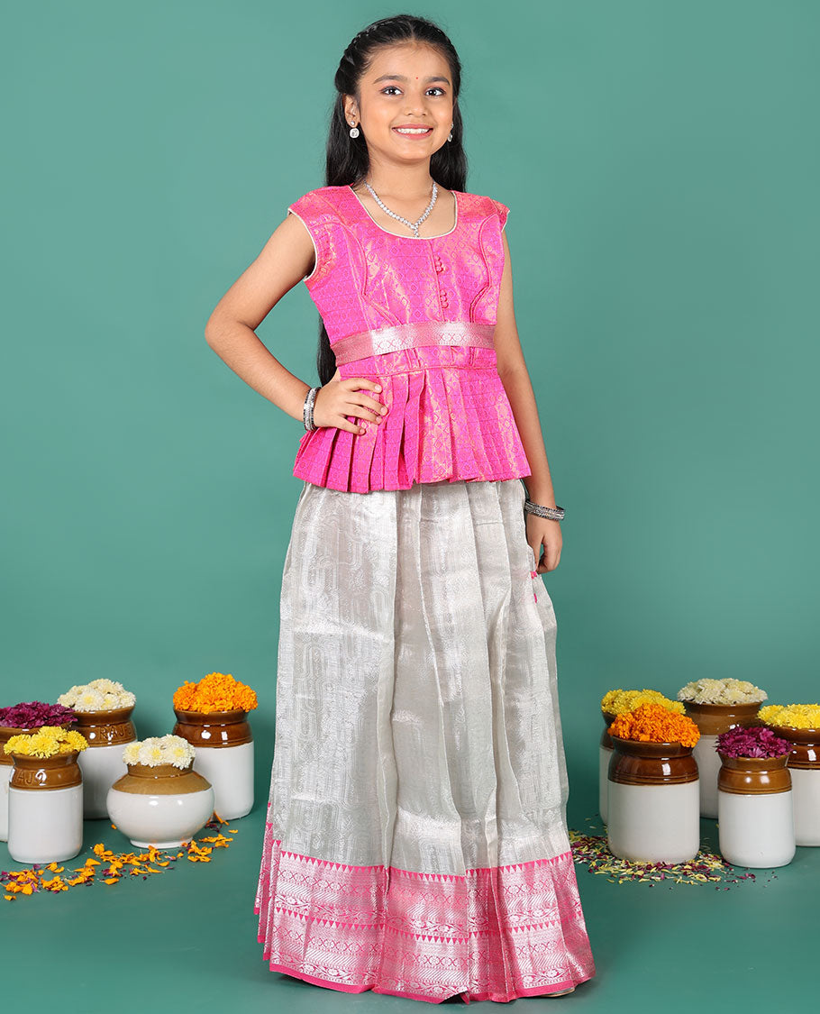 Grey readymade art silk pavadai, plain & contrast traditional zari border skirt & jacquard sleeveless round-neck blouse with belt