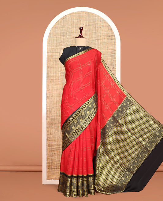 Red Mysore Silk Saree Features Checked Pattern, Contrast Traditional Zari Border, Rich Pallu, and a Contrast Blouse