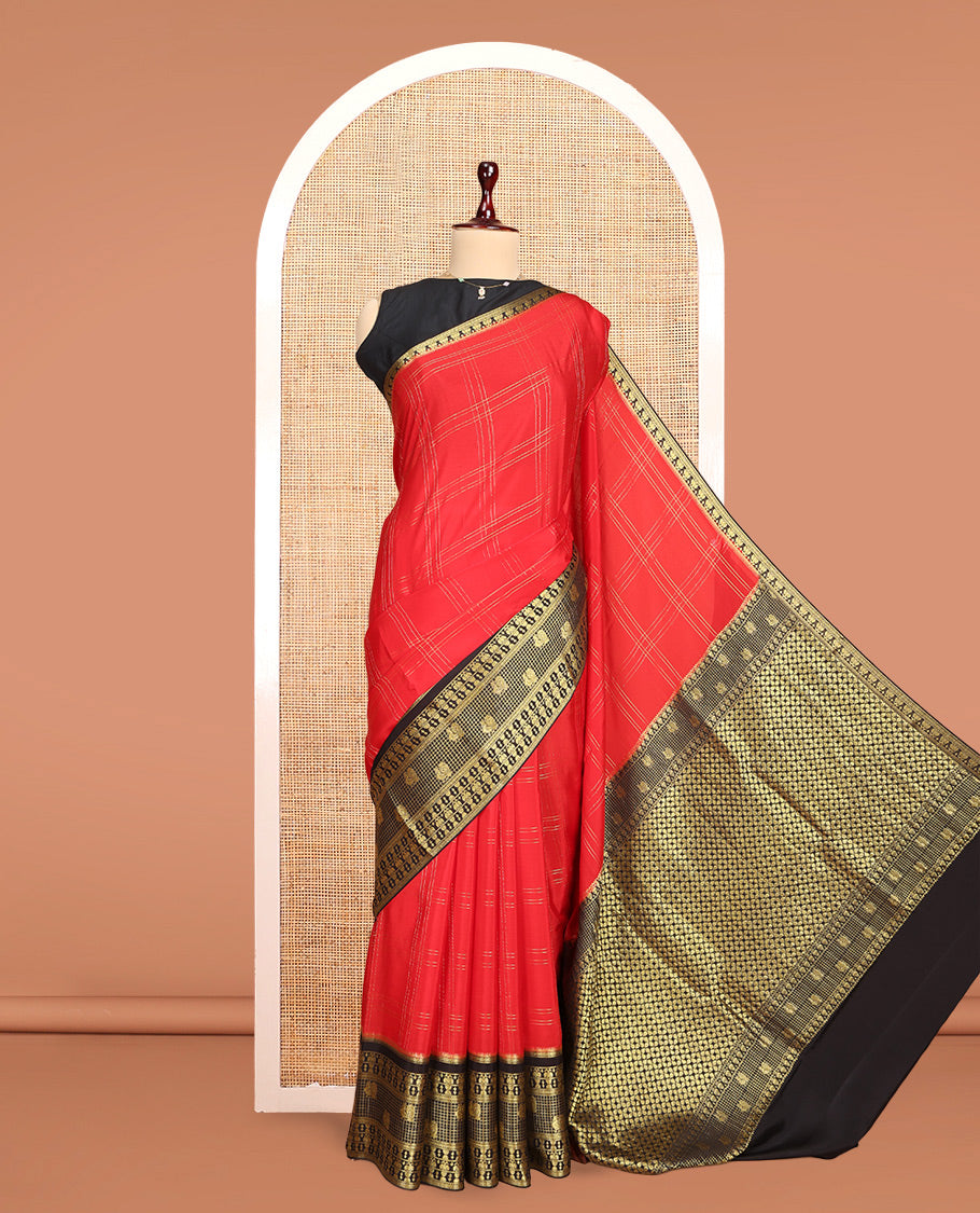 Red Mysore Silk Saree Features Checked Pattern, Contrast Traditional Zari Border, Rich Pallu, and a Contrast Blouse