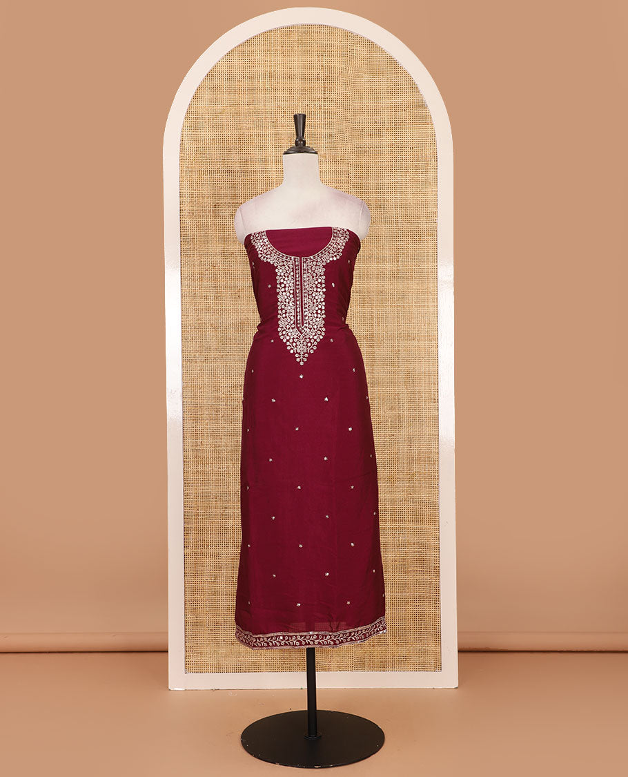 Wine Vichitra silk material chudidar set, floral design neck embroidered top, santoon bottom & contrast embroidered Vichitra silk dupatta