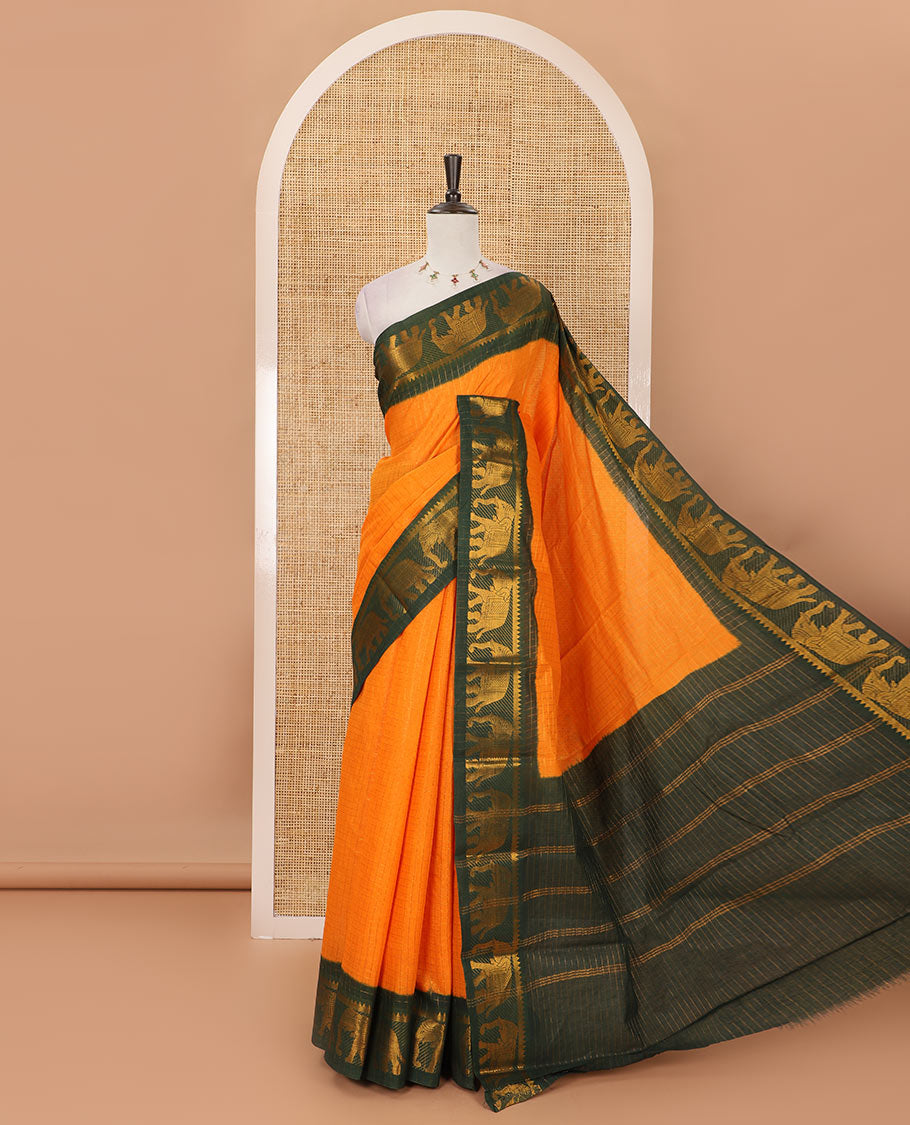Orange zari checked semi-taffeta silk saree, contrast temple & elephant motif zari border, striped pallu & contrast zari design blouse
