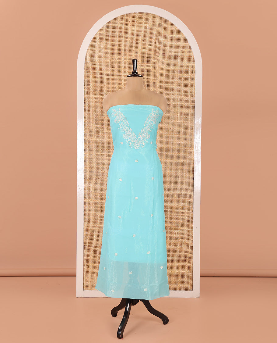Blue Shimmer Georgette Material Chudidar Set, Meticulously Crafted with Floral Thread Embroidery on Its Top, a Plain Santoon Bottom, and Comes with a Floral Embroidered Shimmer Georgette Dupatta