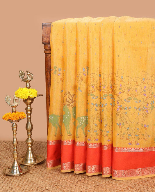 Yellow screen printed chanderi cotton saree with double pad annam border & tissue pallu along with brocade blouse
