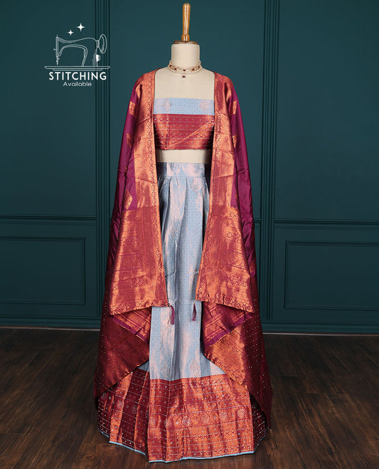 Blue jacquard artsilk half saree,contrast traditional design zari stone work border, blouse & contrast intricate dhavani