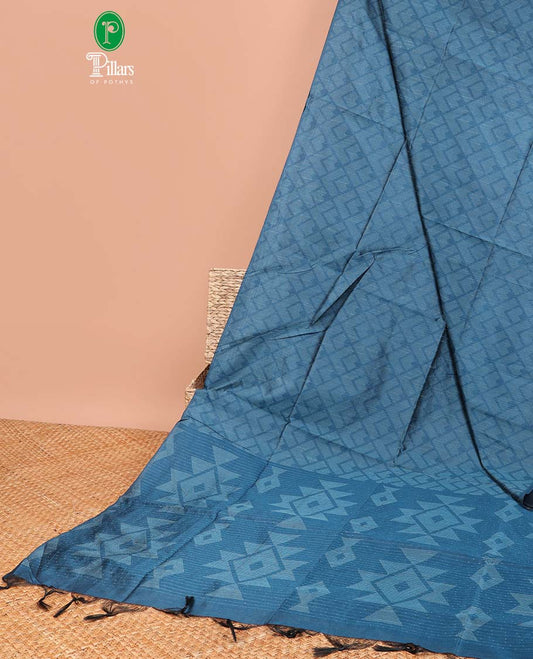 Borderless Blue brasso weaving design semi-khicha jute saree with weaving with sequins , tussels & vertical lining weaving design blouse