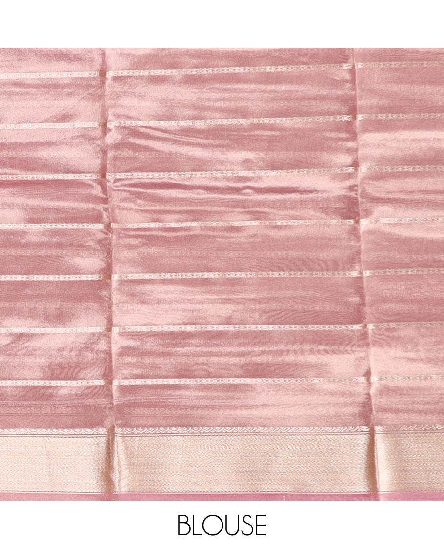 Pink striped semi-banaras tissue saree, plain border & striped pallu