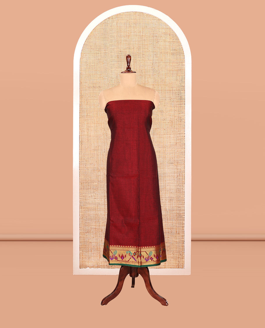 Maroon Mercerised Cotton Material Chudidar Features Plain Top, Contrast Paithani Zari Border, a Plain Bottom and a Matching Dupatta