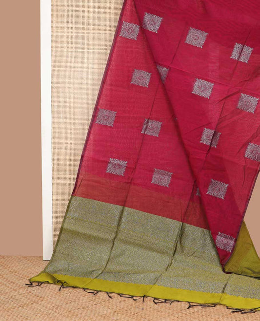 Borderless red geometric design semi silk saree with floral jaal design pallu