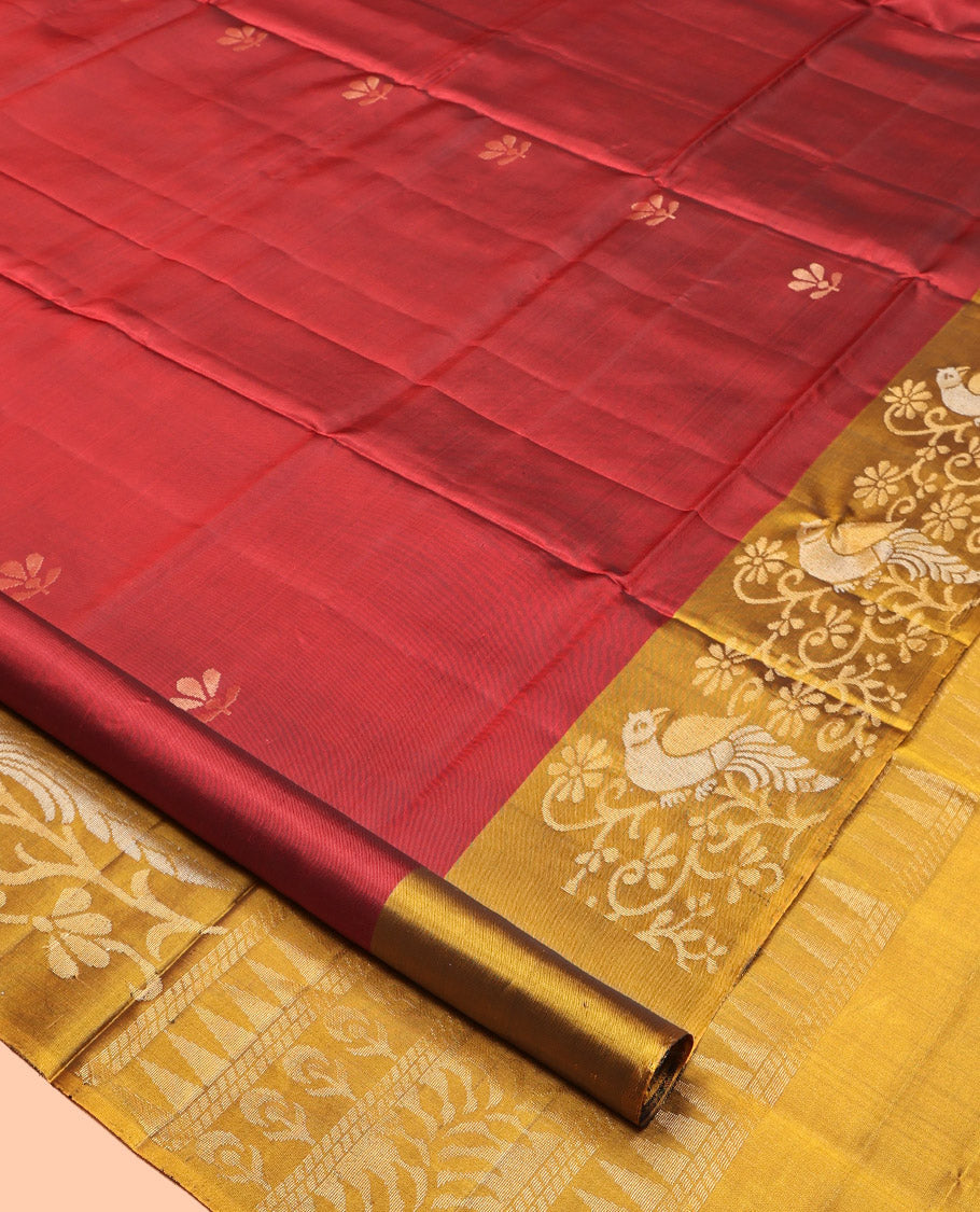 Red Mayuri Lite Silk Mix Saree, Adorned with Floral Buttas, Complemented by a Contrast Floral Border, Pallu of Bird Designs, and a Contrast Blouse