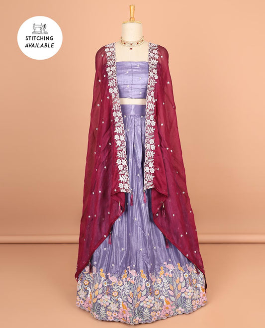 Lavender floral motifs thread embroidery half saree with floral embroidery border , floral motifs blouse & floral embroidery scallop border dhavani