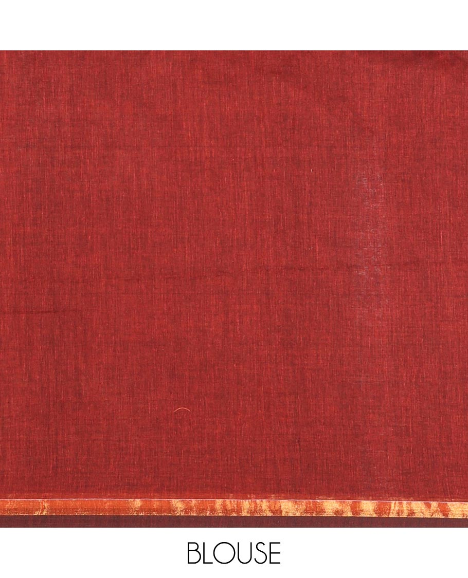 Borderless Maroon Khadi Mul Cotton Saree, Elevated with Big Floral Motifs on Its Body, a Self-Pallu, and Paired with a Matching Blouse