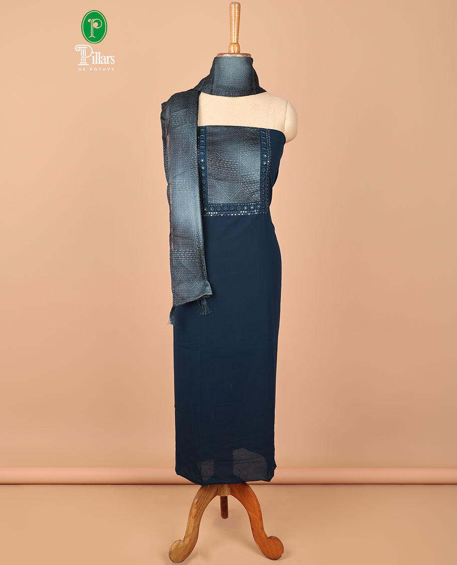 Blue Fox georgette sequins embroidery top chudidhar material set with slub silk with lining pant & digital print, tussle dupatta