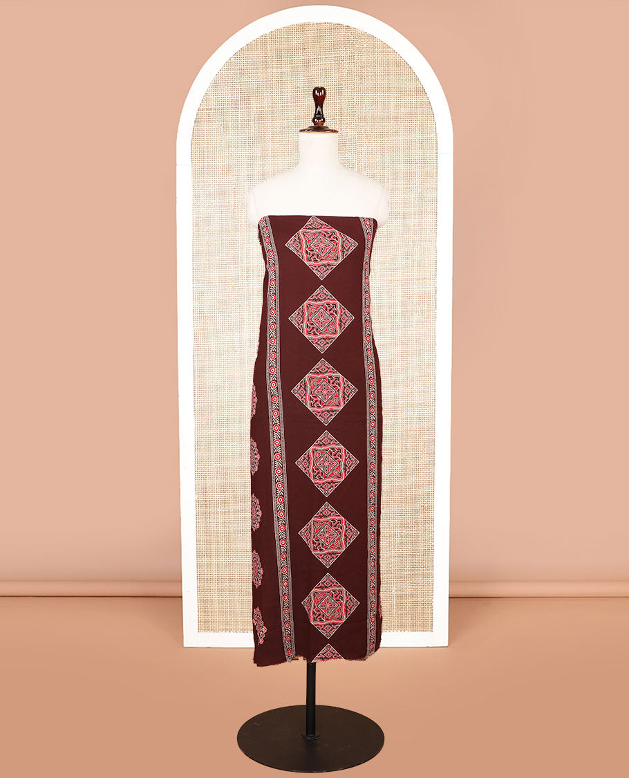 Brown ajrak print rayon chudidhar material top with rayon material printed pant & mul mul votton ajrak printed dupatta