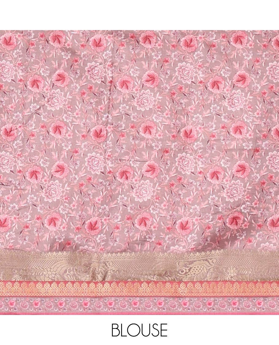 Pink floral digital print twill chiffion saree with zari, printed border & self pallu along with printed blouse