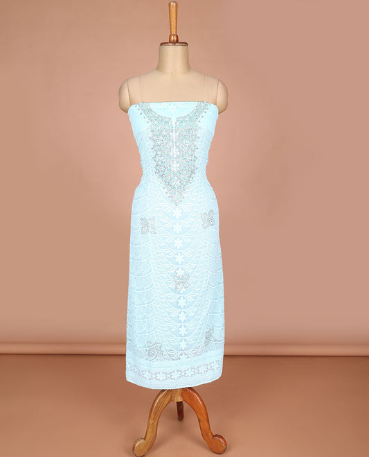 Light blue chudidhar material shifili with sequins, stone work , flower design top with crape material pants & chinnon material digital print print , mirror work dupatta