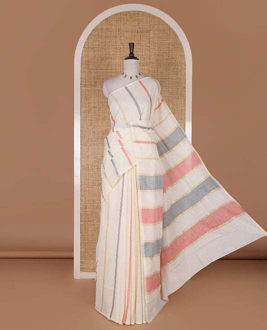 Borderless cream-pink vertical striped Kerala cotton saree, ragkat style pallu, and running blouse