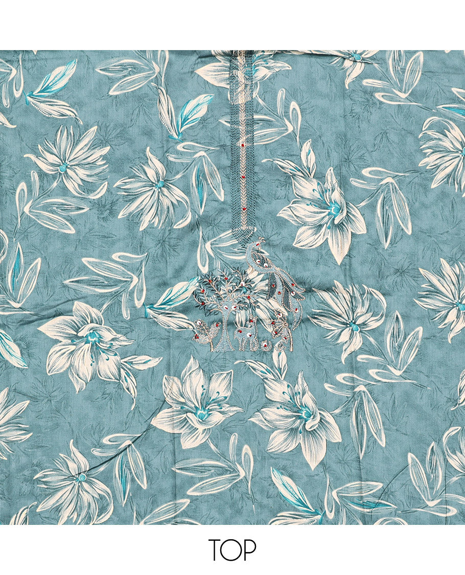 Blue Material Chudidar Set, Adorned with Floral Print, and Embroidery on Its Muslin Top, a Plain Cotton Bottom, and Paired with a Peacock Printed Lilan Cotton Dupatta