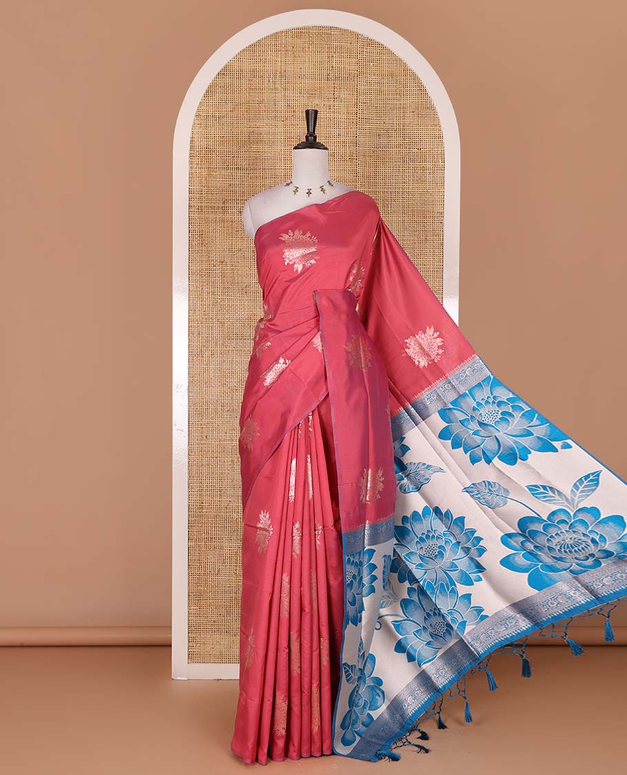 Borderless pink floral motifs steeped elite soft silk saree, contrast lotus-like motifs pallu, and contrast buttas blouse