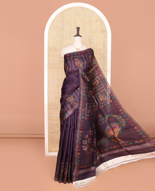 Purple colorful peacock motifs printed saree, temple border, and pallu of big peacock motifs
