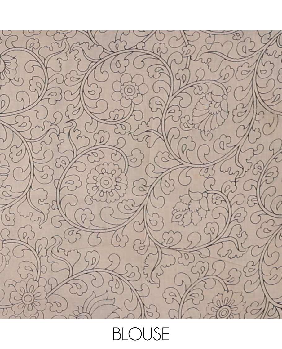 Green motifs machine printed kalamkari cotton saree , contrast border with floral vine & peacock design pallu