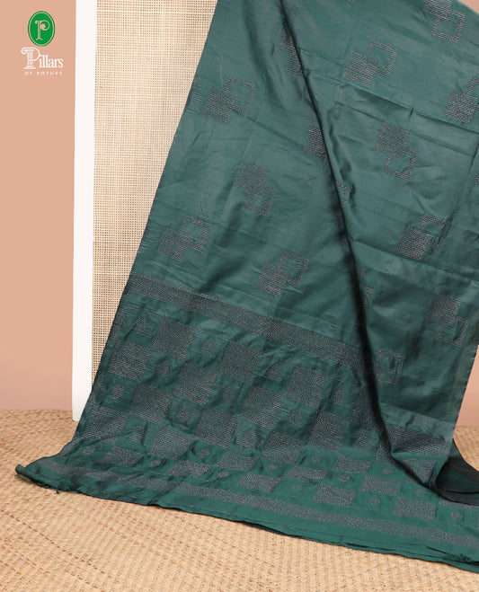 Dark green neem zari design litchi soft silk saree with self border & neem zari design pallu along with plain blouse