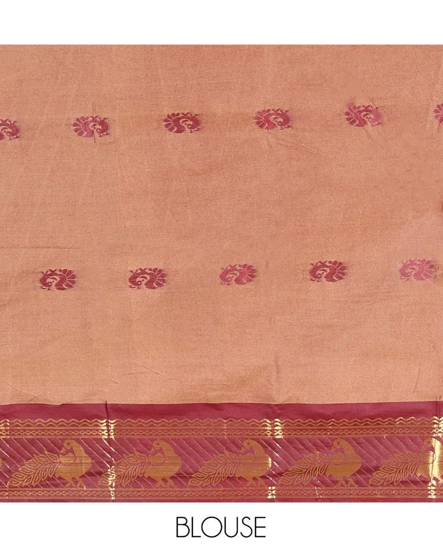 Chikku Peacock Buttas Semi-Soft Silk Saree, Contrast Peacock Border, Buttas Pallu, Matching Blouse