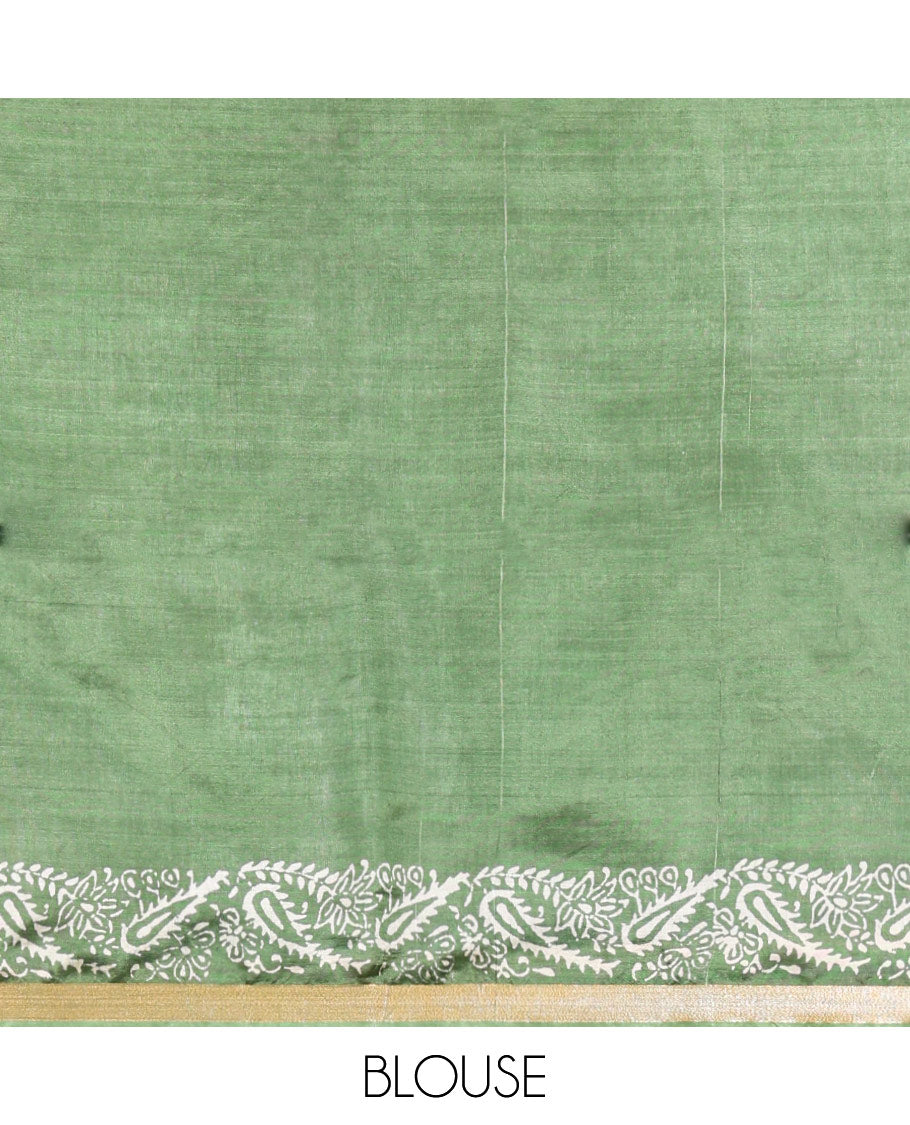 Mehendi Green Banana Pith Saree Enthralled with Floral Motifs Discharge Print All Over Its Body, Zari Bavanji Border, Pallu Subtly Woven in Floral-Paisley Print and Zari Weave, and Paired with a Matching Blouse