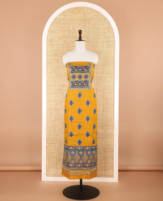 Yellow with ash color ajrak print , french knot hand work satin cotton chudidhar material top with cotton pant & ajrak two side lace border dupatta