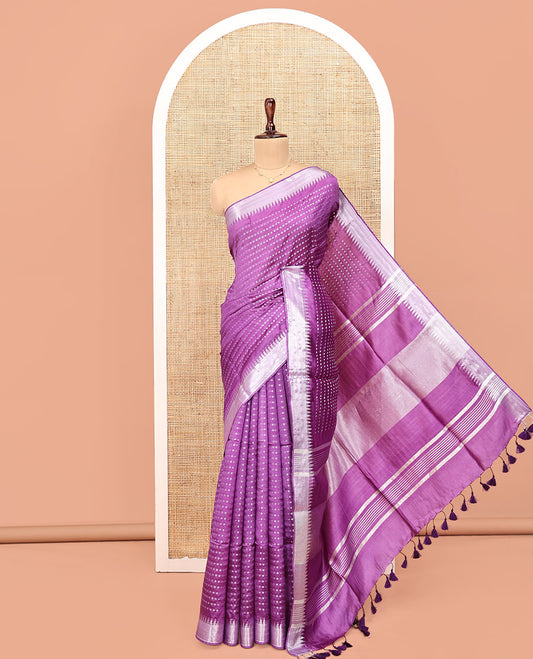 Purple Banana Pith Saree, Elevated with Buttas All Over Its Body, Highlighted by Temple Zari Border, Pallu of Gleaming Zari Stripes, and Paired with a Matching Blouse