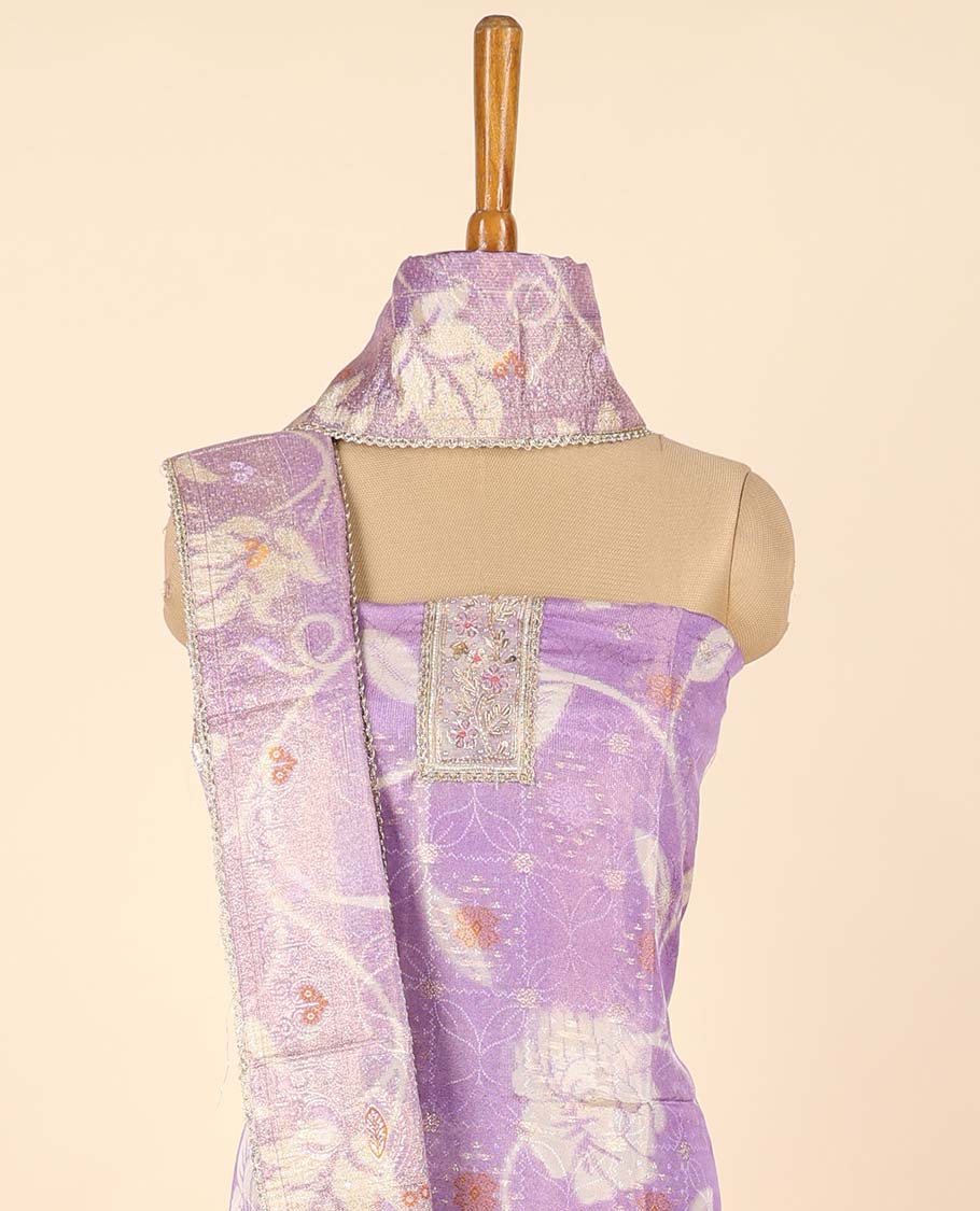 Lavender material chudidhar set, floral print & embroidered top, plain bottom & floral print dupatta