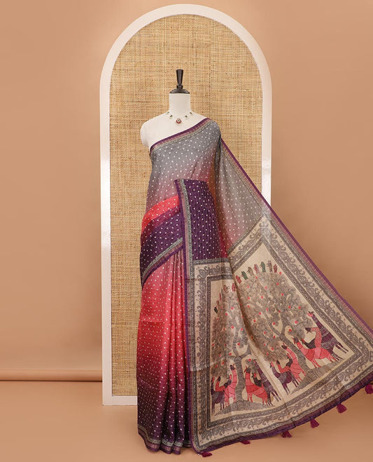 Multi-color ombre-style dyed bandhani dots print checked khadi tussar saree,piping printed border,flora-fauna printed pallu & contrast printed blouse
