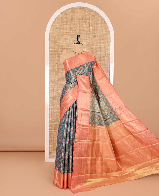 Rama green ogee jacquard Kanchi tissue saree, contrast traditional zari design border, gleaming pallu, and a contrast jacquard blouse