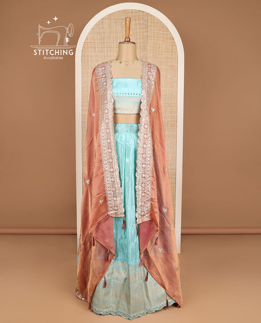 Blue floral embroidery half saree with zari design blouse & floral embroidery dhavani