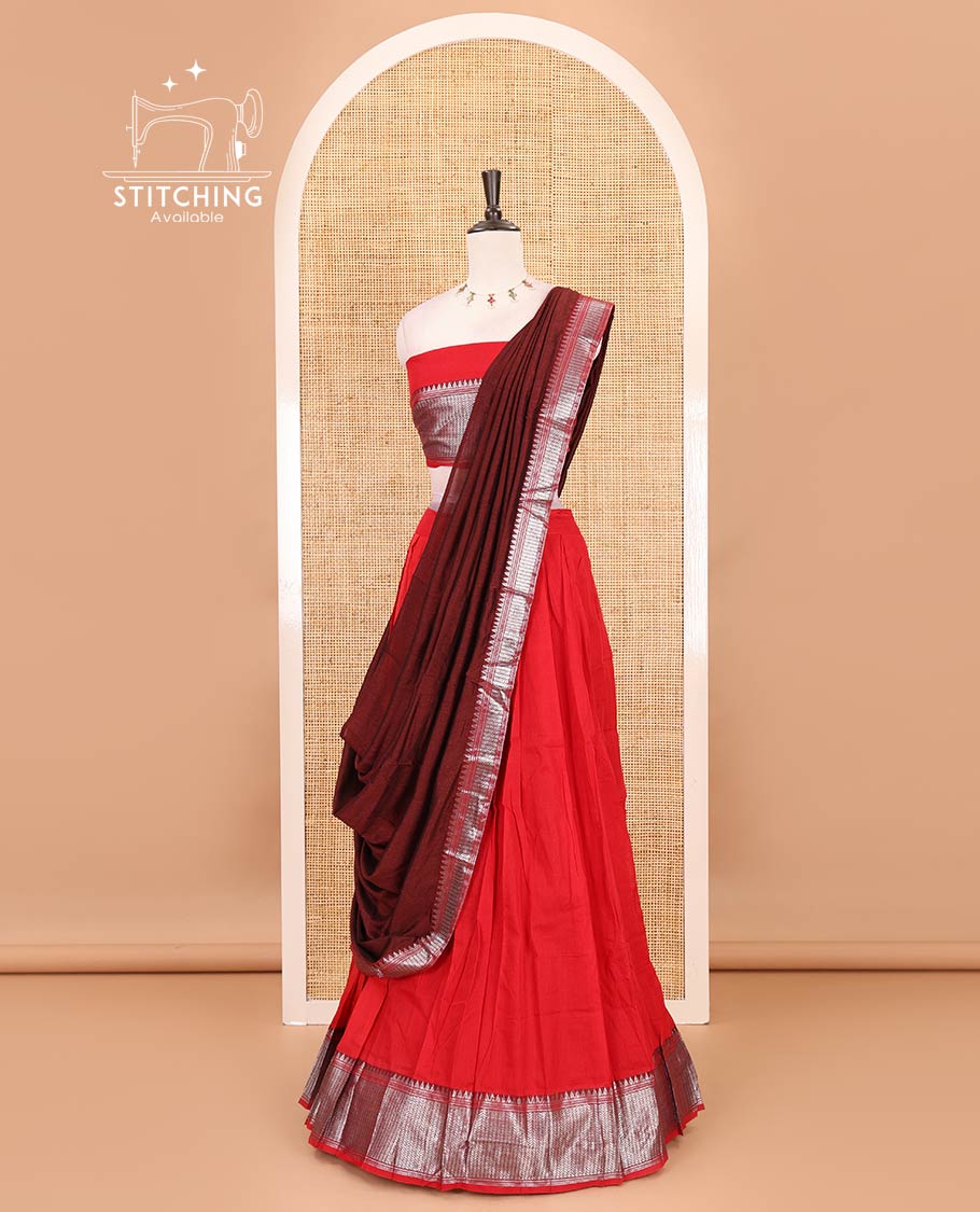 Red-Maroon Mercerised cotton half-saree, plain & contrast temple geometric border skirt, matching blouse & contrast zari border Vichitra silk dhavani