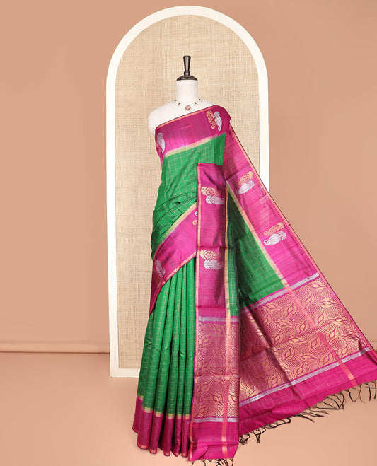 Green Dupion Silk Saree Elevated with Checks on Its Body, Complemented by a Contrast Border of Paisleys, Gleaming Pallu of Ogee Patterns, and Paired with a Contrast Blouse