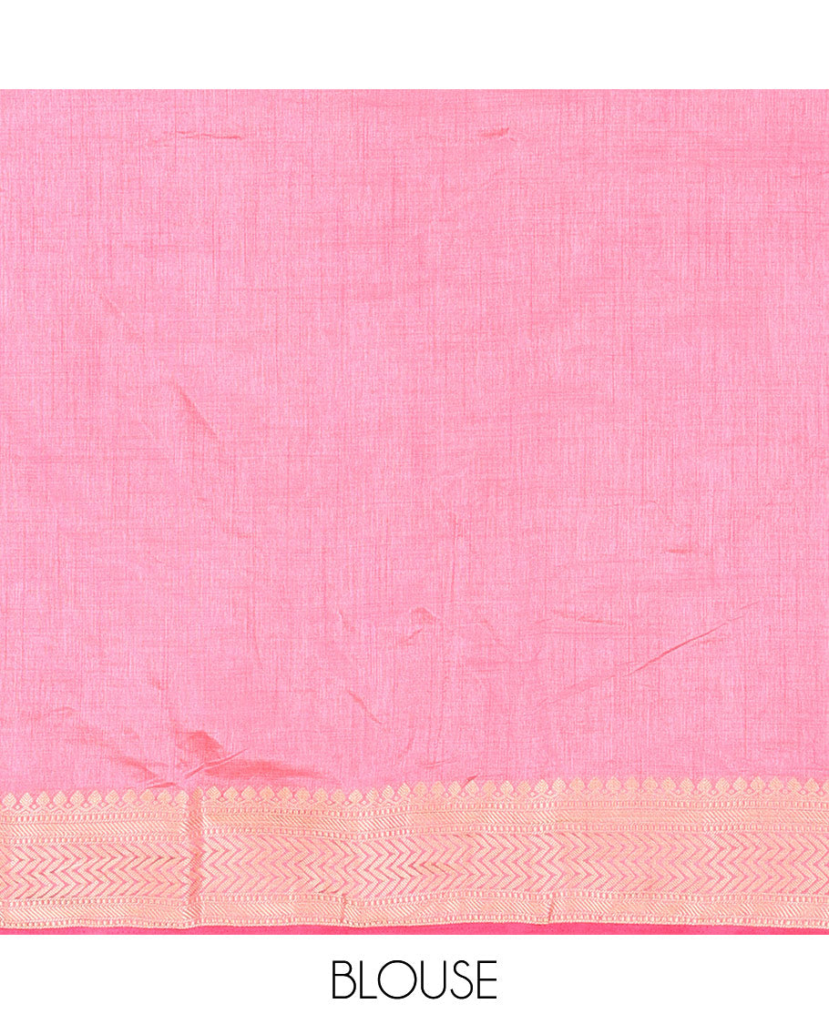 Pink Semi-Tussar Saree Accentuated with Zig-Zag Strips Prints, Featuring a Self-border with Traditional Motifs, a Zari-Striped Pallu, Paired with a Matching Blouse