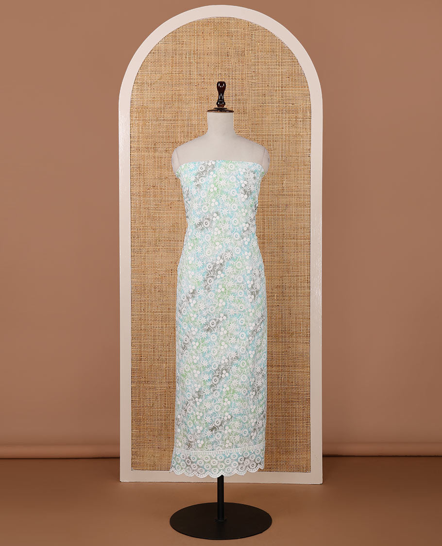 Green chudidar material set, shibori-print & floral vine chikankari embroidered top,printed cotton bottom & floral chikankari embroidery chiffon dupatta