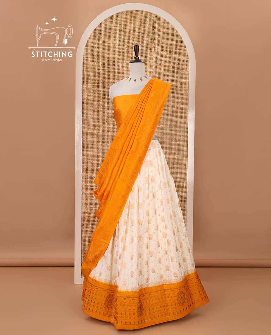 Cream semi-banaras half-saree, zari buttas & contrast Swarovski stonework traditional border skirt, jacquard blouse & contrast jaal jacquard mustard dhavani