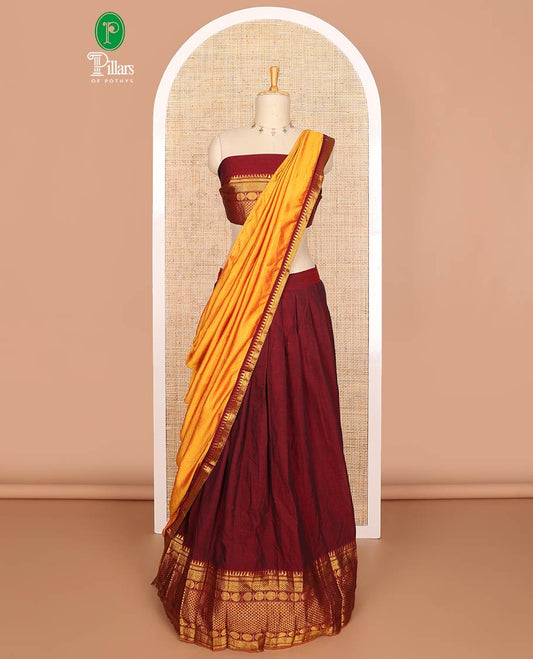 Maroon mercerised cotton daman resham border half saree with mercerised cotton blouse & skya georgette one side resam border work