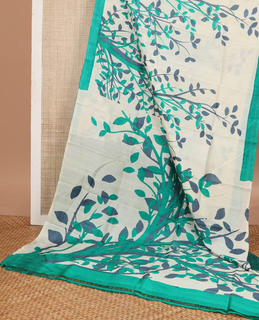 white floral printed silk saree with contrast border