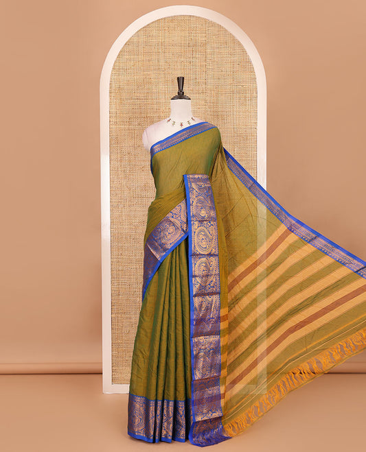 Mehendi green plain design mercerised cotton saree, contrast traditional peacock enclosed manga border, striped pallu & matching blouse