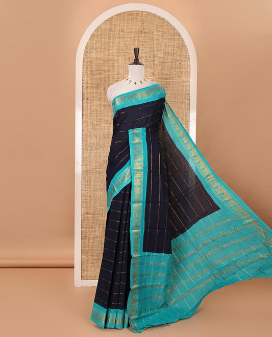 Navy blue zari veldhari striped sungudi cotton saree, contrast temple & annam border, zari striped pallu & contrast zari design blouse