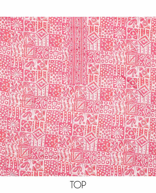 Pink chudidhar material set abstract printed top with thread embroidery bottom & floral design dupatta